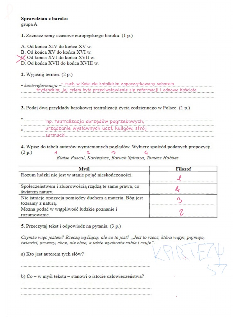 Sprawdzian Z Baroku Liceum Ponad Słowami Odpowiedzi Test Barok Grupa A PDF | PDF
