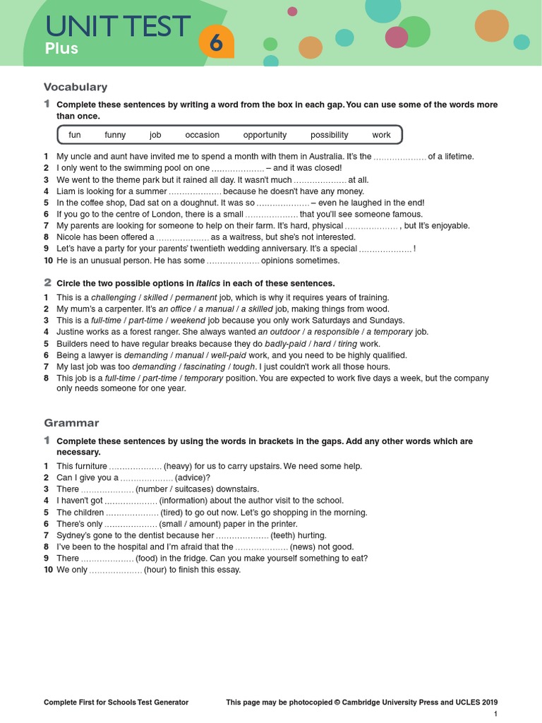 Complete first for schools test unit test 6 plus pdf