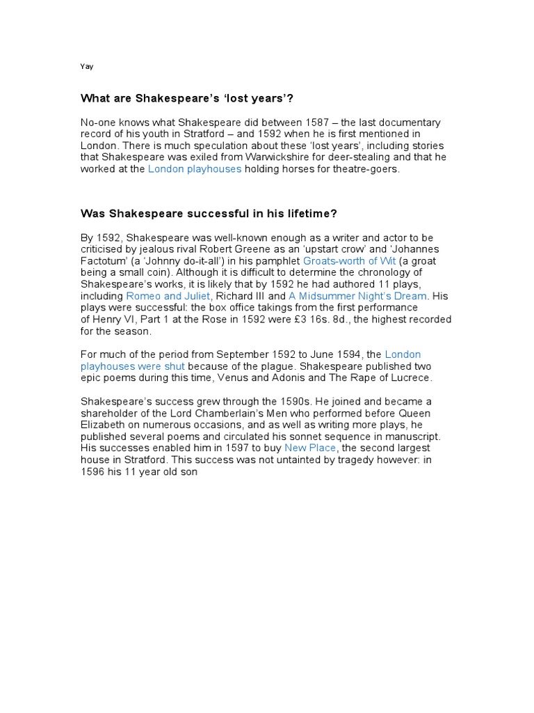 What Are Shakespeare's Lost Years'? London Playhouses PDF