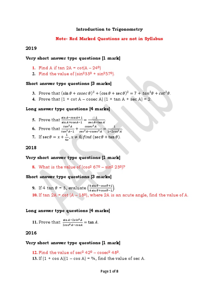 Introduction to Trigonometry PYQS On Latest Syllabus PDF