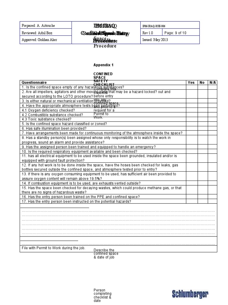Confined Space Safety Checklist | PDF | Occupational Safety And Health ...