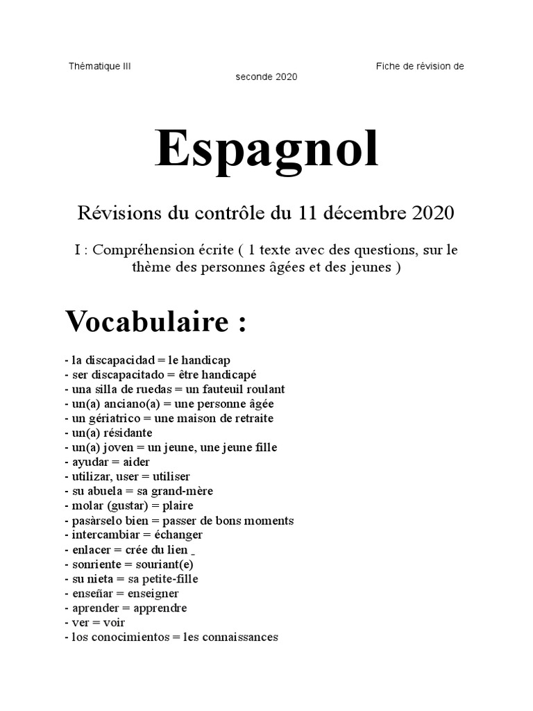 Espagnol Controle 11 Decembre 2020 Pdf