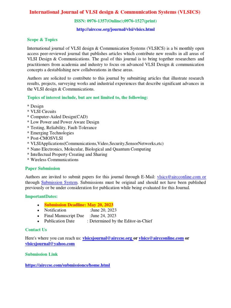 Call For PapersInternational Journal of VLSI Design & Communication