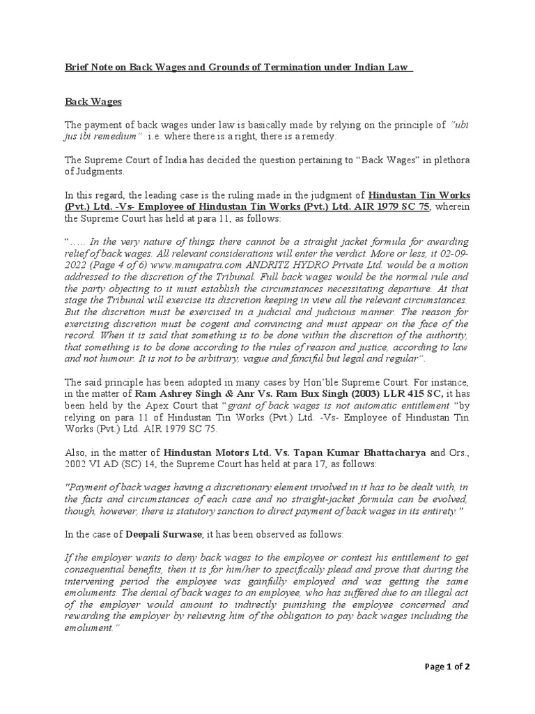 Note on Back Wages and Grounds of Termination in law | PDF | Employment ...