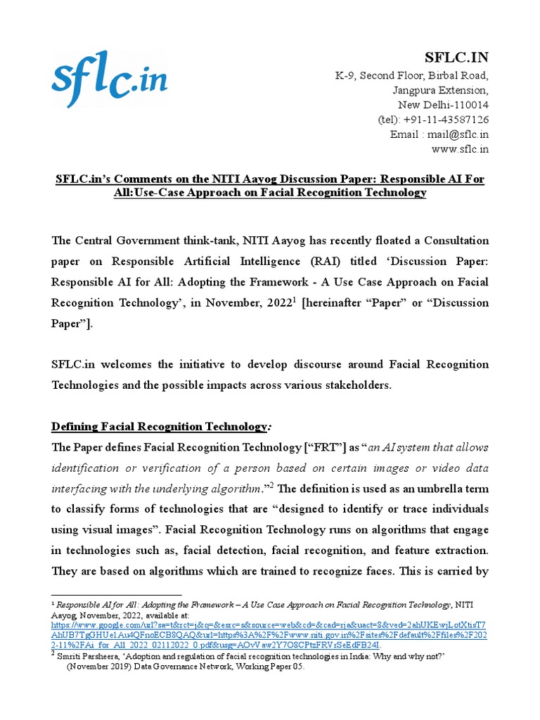 SFLC.in Comments on Responsible AI & FRT | PDF | Privacy | Artificial ...