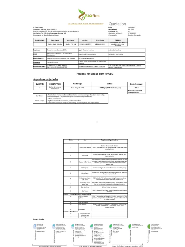 Quotation for CBG Plant Setup | PDF | Pump | Valve