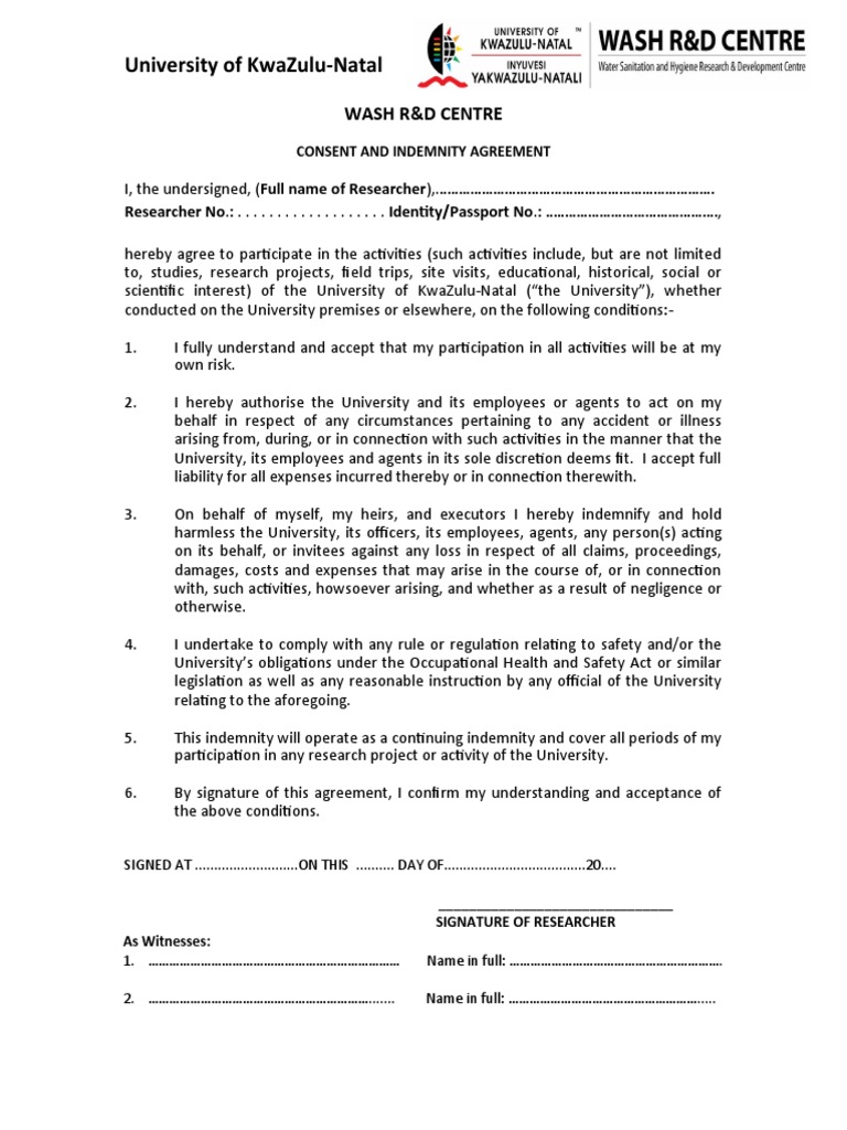 Consent And Indemnity Form Meaning South Africa