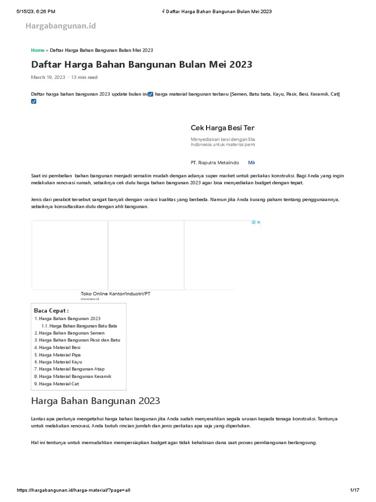 Daftar Harga Bahan Bangunan Bulan Mei 2023 Pdf Pdf