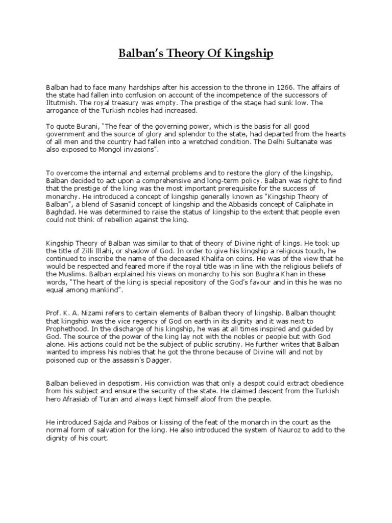 Balban's Kingship Theory Explained | PDF