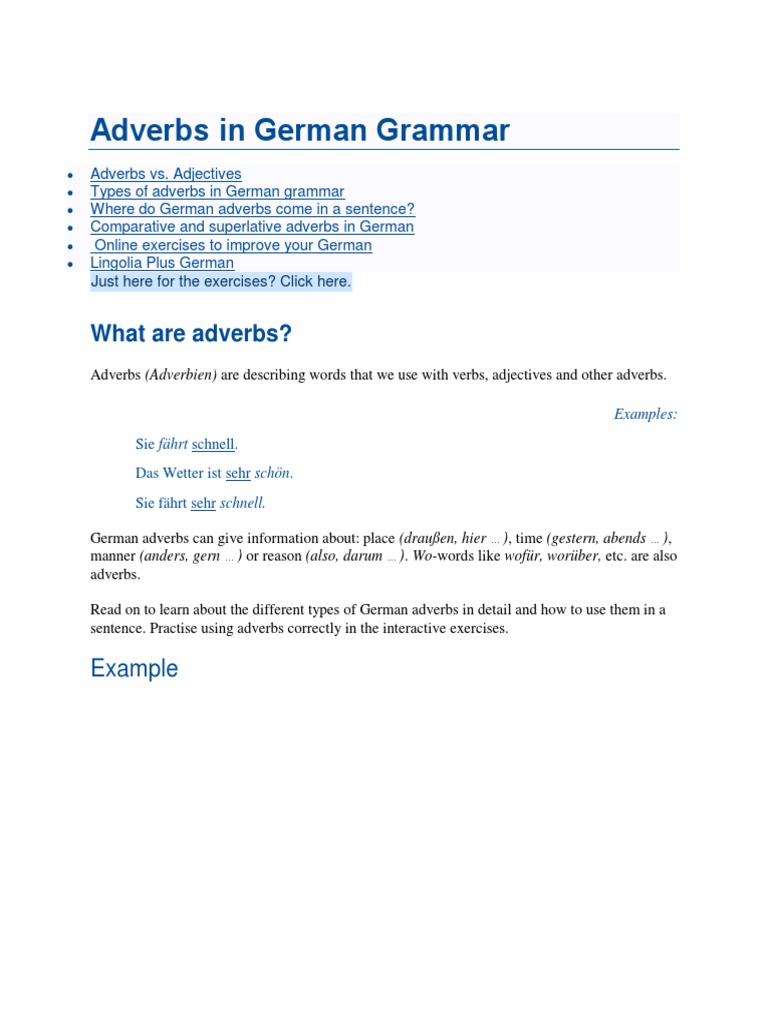 Adverbs in German Grammar | PDF