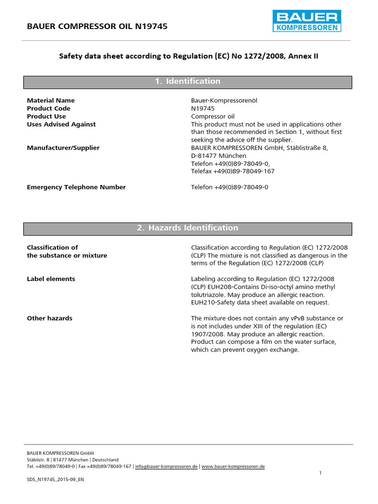 Synthetic Compressor Oil N19745 PDF Toxicity Dangerous Goods