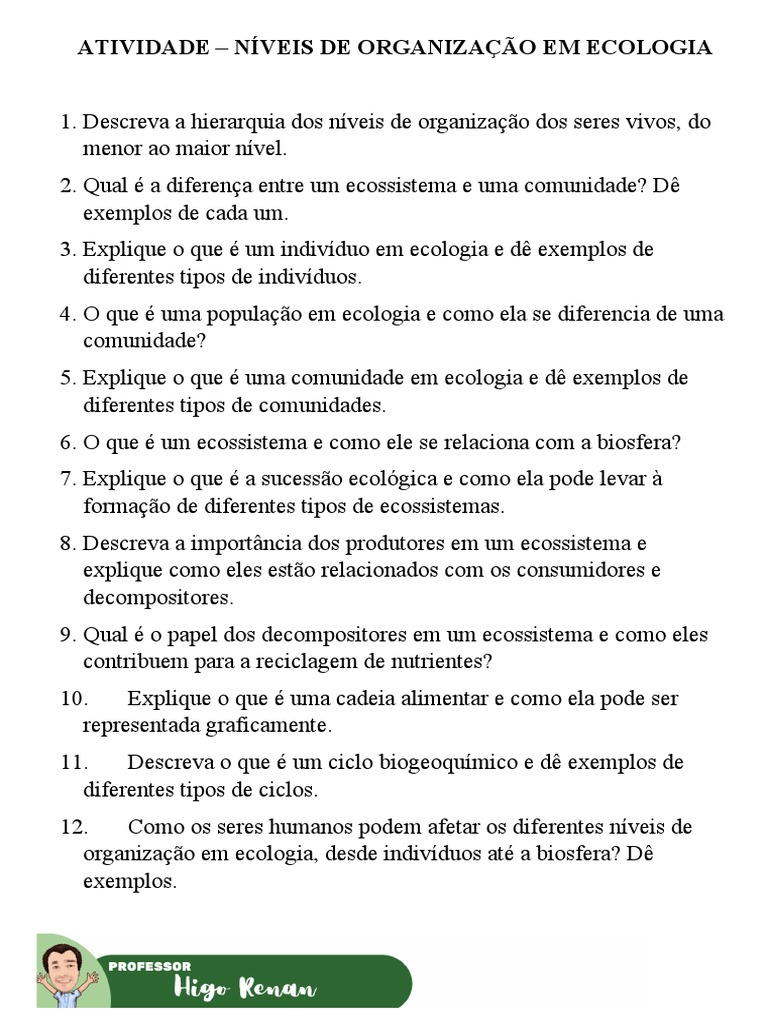 Atividade - Níveis de Organização - Ecologia | PDF | Ecologia | Ecossistema
