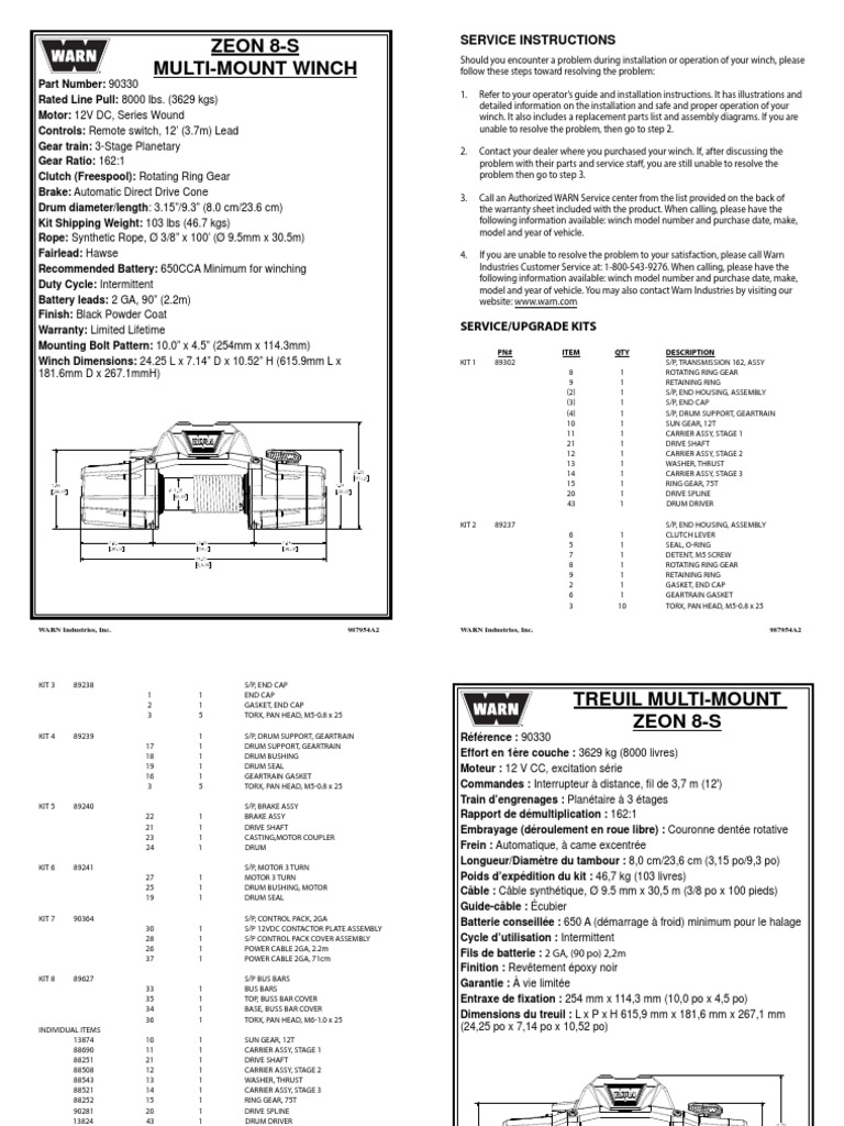 Treuil Multi-Mount ZEON 8-S WARN 8000 lbs | PDF