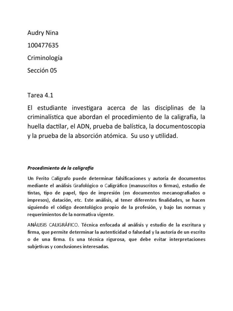 Audry Nina - Tarea 4.1, Criminología | Descargar gratis PDF | Huella dactilar | Reacción en