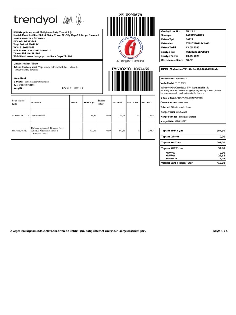EArşiv Fatura ETTN PDF