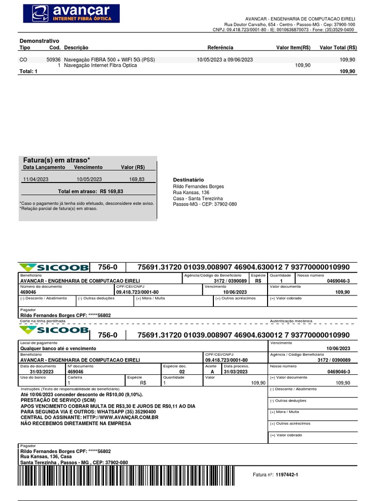 Fatura(s) em Atraso Demonstrativo PDF