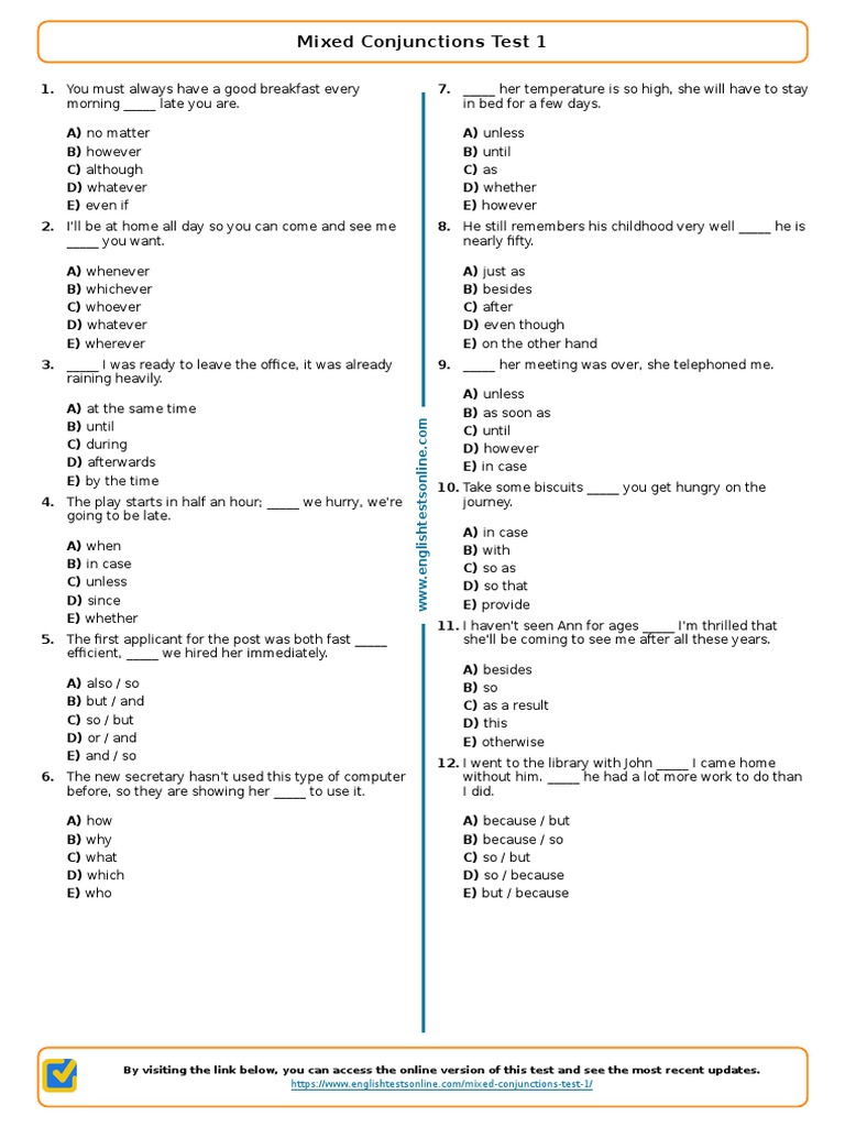 Mixed Conjunctions Test for Class 7 | PDF