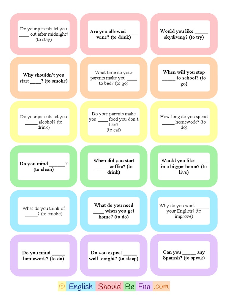 Gerunds and Infinitives Speaking Flashcards CLT Communicative Language ...
