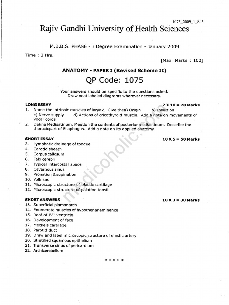 1stYearMBBSQuestionPapersRGUHS2009 PDF
