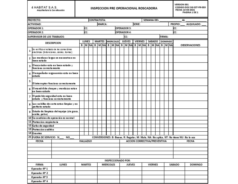 SG SST FR 059 Inspeccion Roscadora | PDF