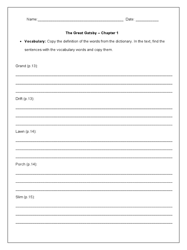 Great Gatsby Chapter 1 & 2 Vocabulary | PDF | Vocabulary | Grammar
