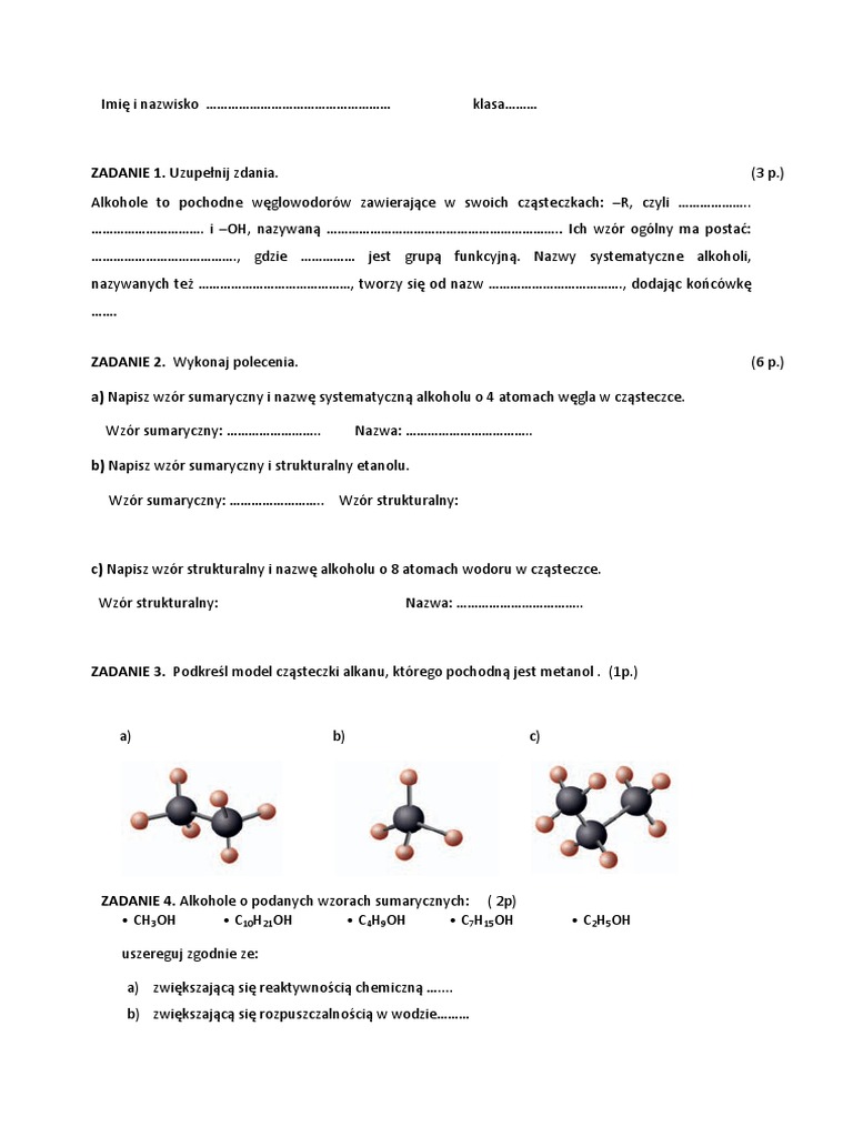 Sprawdzian Z Kwasow 8 Klasa Sprawdzian KL 8 Alkohole | PDF