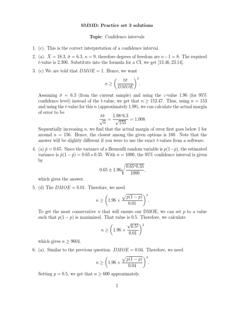Practice Set 3 Solutions PDF Confidence Interval Standard Deviation