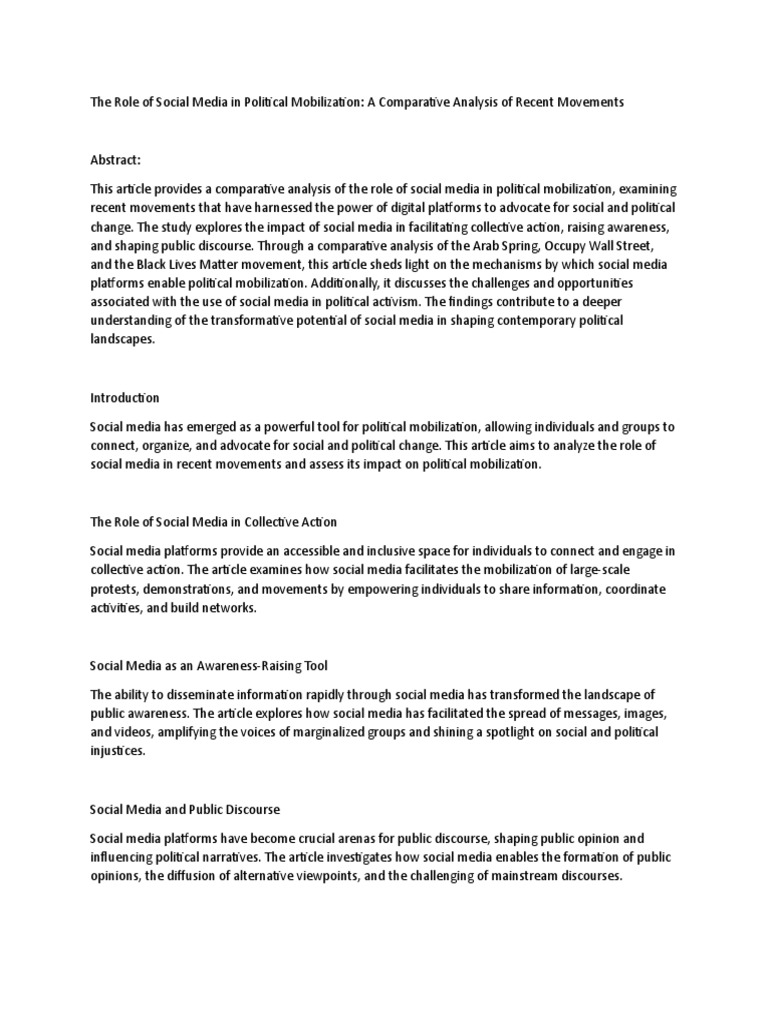 The Role Of Social Media In Political Mobilization Pdf Social Media