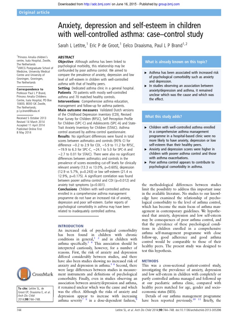 Anxiety, Depression and Self-Esteem in Children With Well-Controlled ...