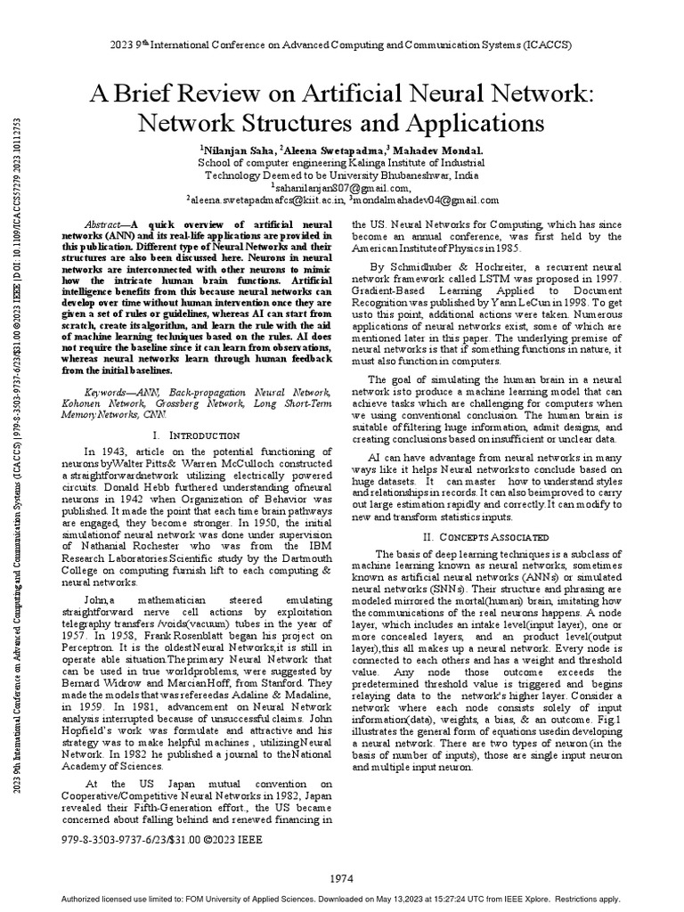 A Brief Review On Artificial Neural Network Network Structures and ...