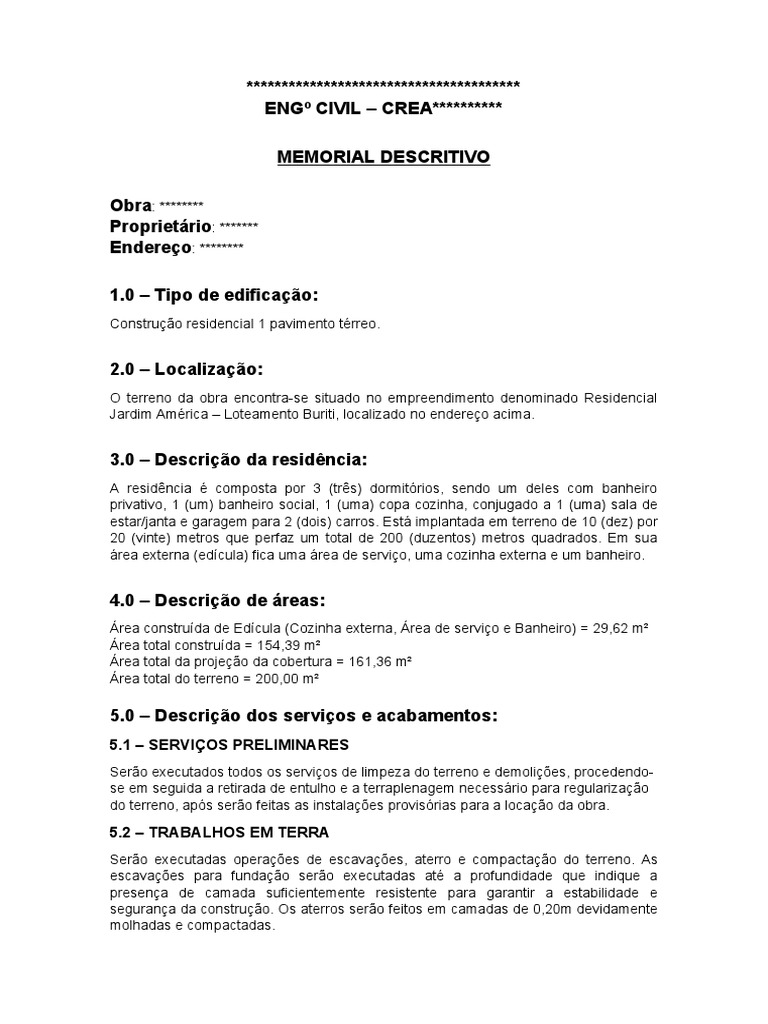 Memorial Descritivo | PDF | Argamassa (alvenaria) | Projeto arquitetônico