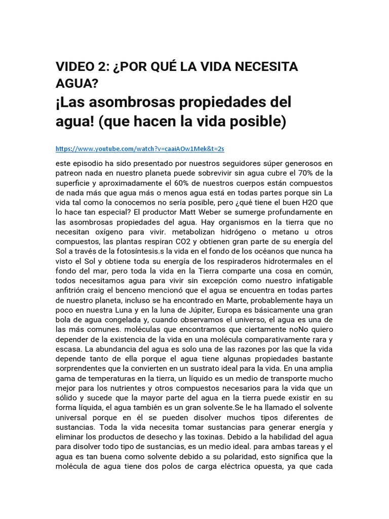 Video Why Does Life Need Water PDF Agua Propiedades del agua