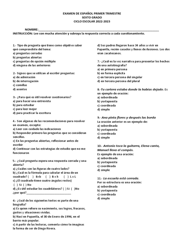 Exam. Español 1 Trim PDF Radiodifusión Sumario abstracto)