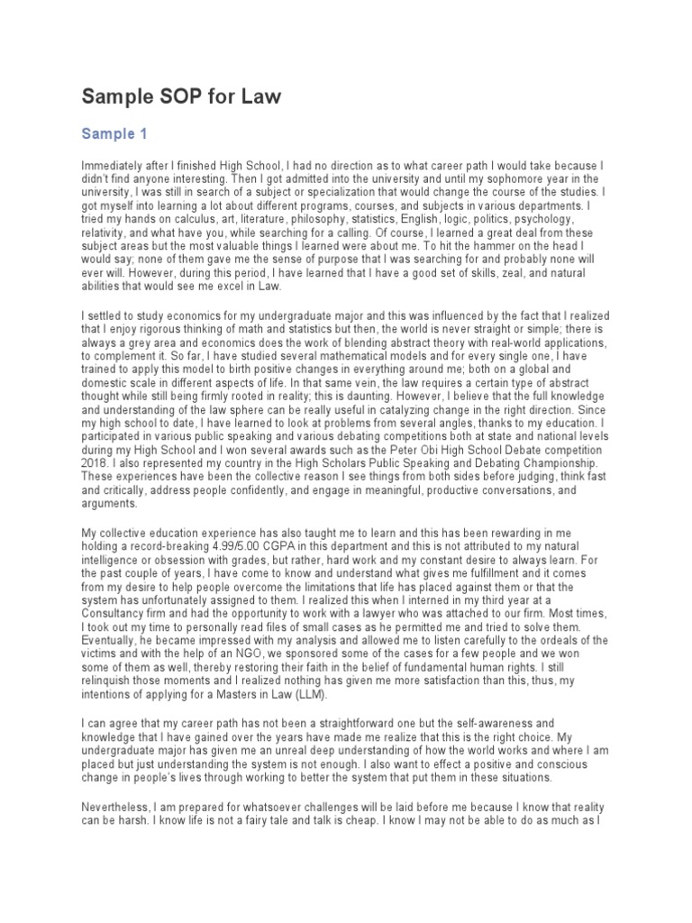 Sample SOP For Law PDF Mathematics Experience