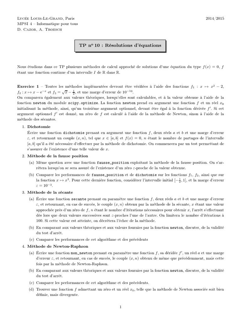 Méthodes de Résolution d'Équations Numériques | PDF | Fonction ...