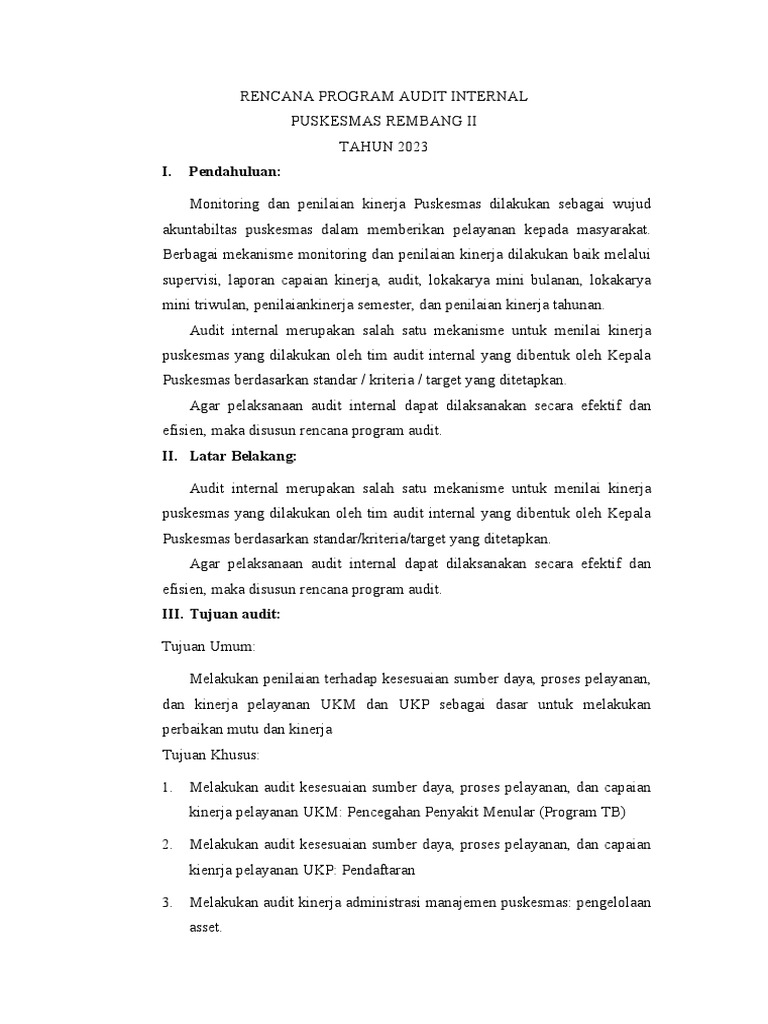 Rencana Audit Internal Puskesmas 2023 | PDF | Bisnis | Pengelolaan ...