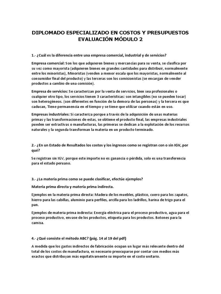 Evaluacion Mod II - Costos y Presupuestos Evaluación Módulo 2 | PDF ...