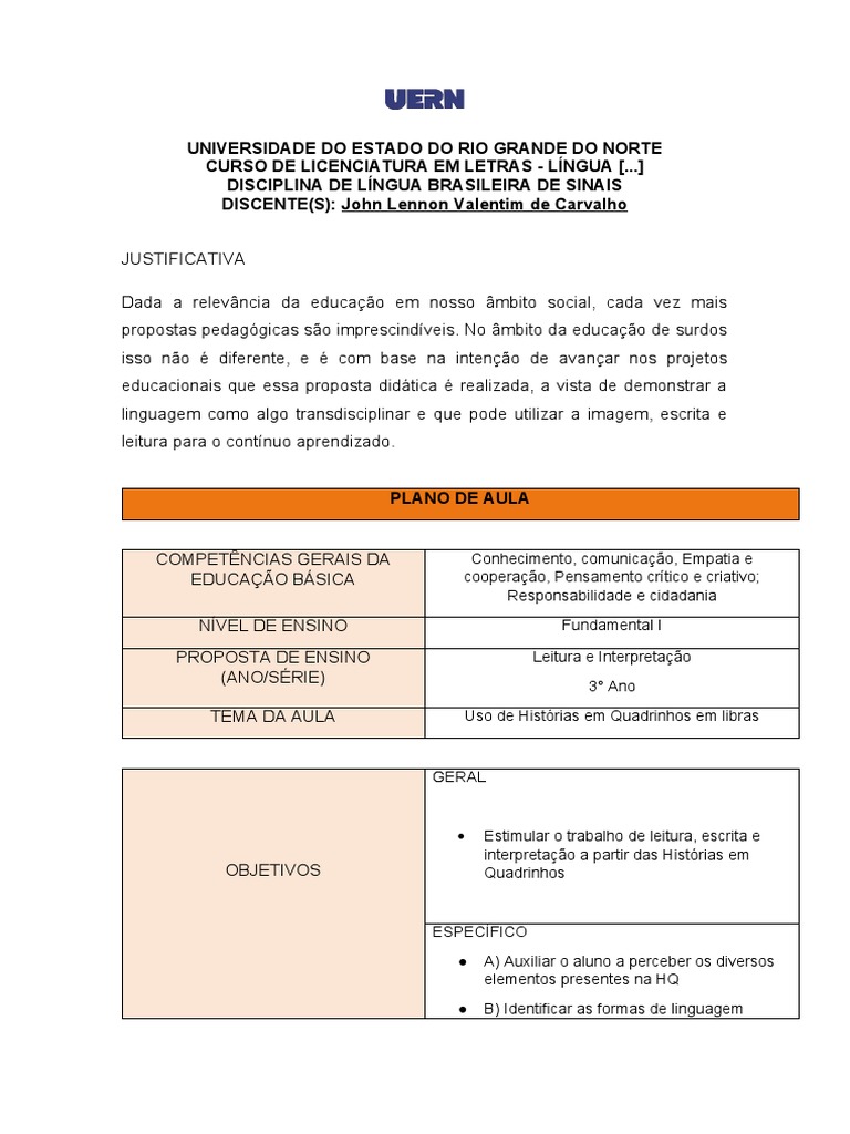 Plano de Aula - Uern - Libras | PDF | Artes Linguísticas e Disciplina