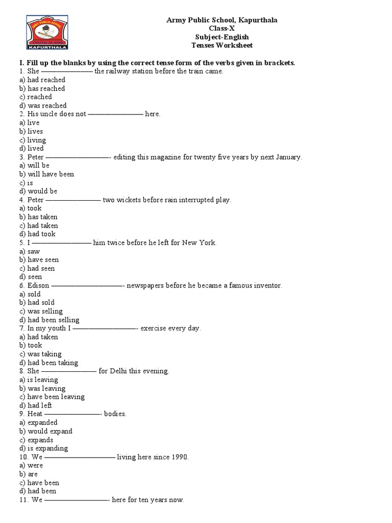 Tenses Worksheet PDF