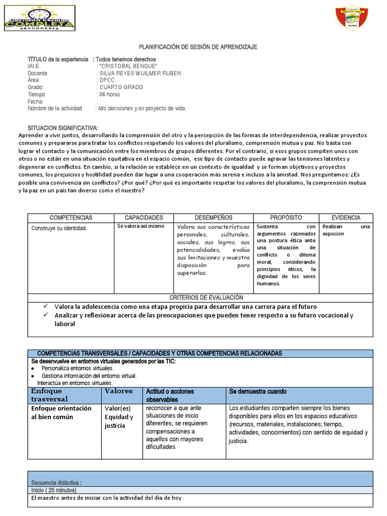 Sesión de Aprendizaje Cuarto Grado - Act 2 DPCC | PDF | Aprendizaje ...