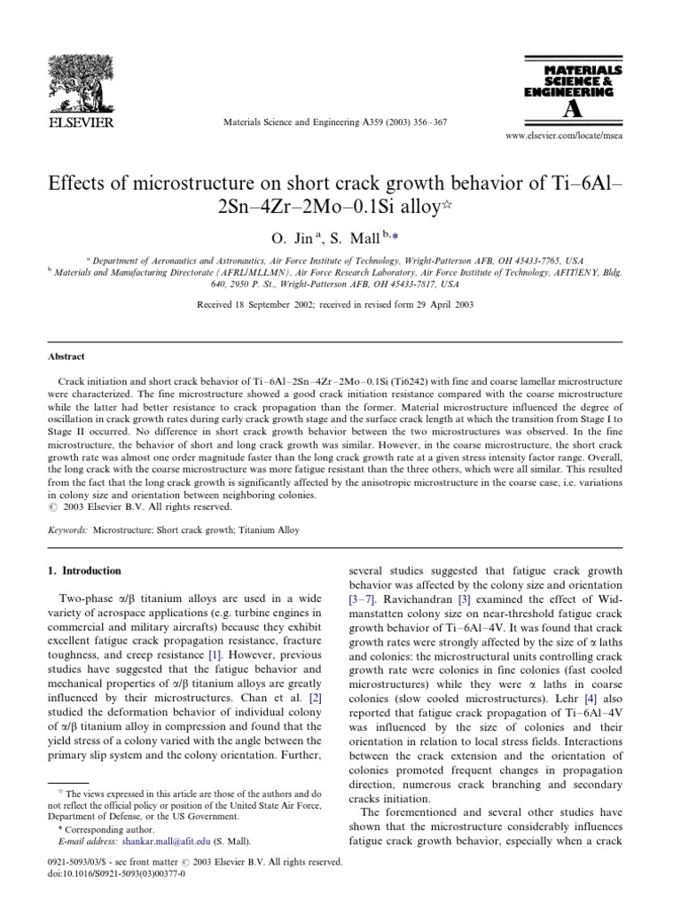 Effects of Microstructure On Short Crack Growth Behavior of Ti-6Al-2Sn ...