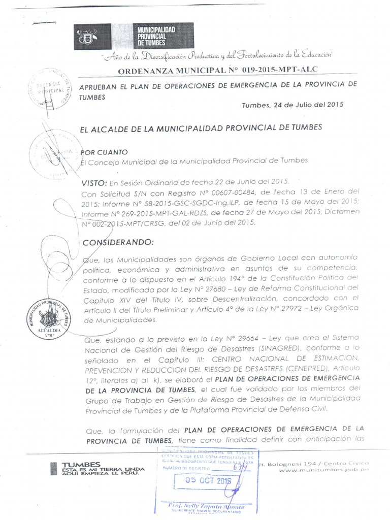 Ordenanza Municipal #019 - 2015 - POE - TUMBES | PDF