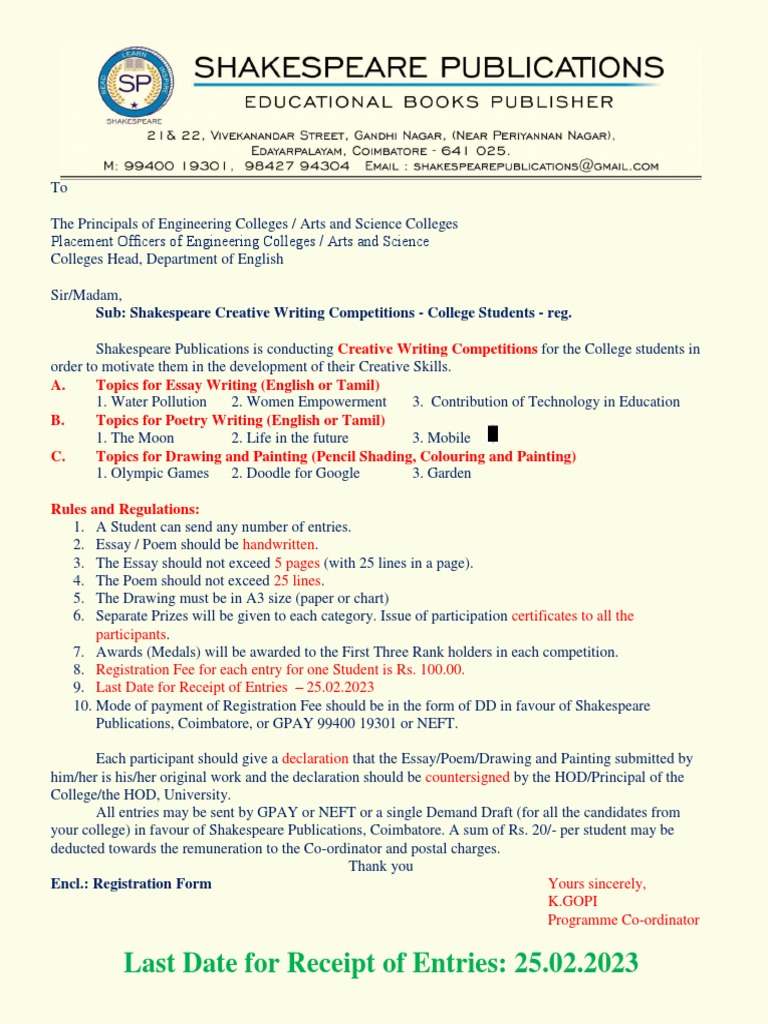 Shakespeare Creative Writing Contest 2023 Pdf