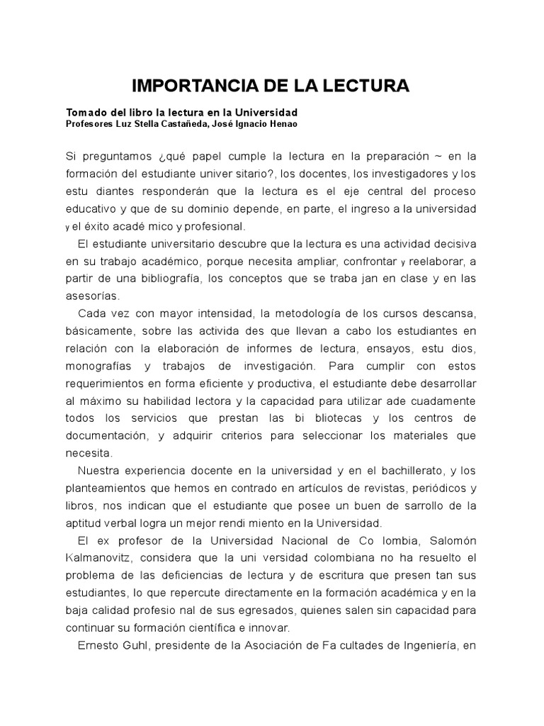 Importancia de La Lectura en La Universidad - RTF Sssss | PDF ...