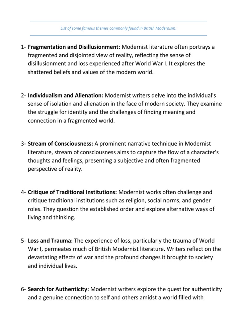 List of Some Famous Themes Commonly Found in British Modernism | PDF