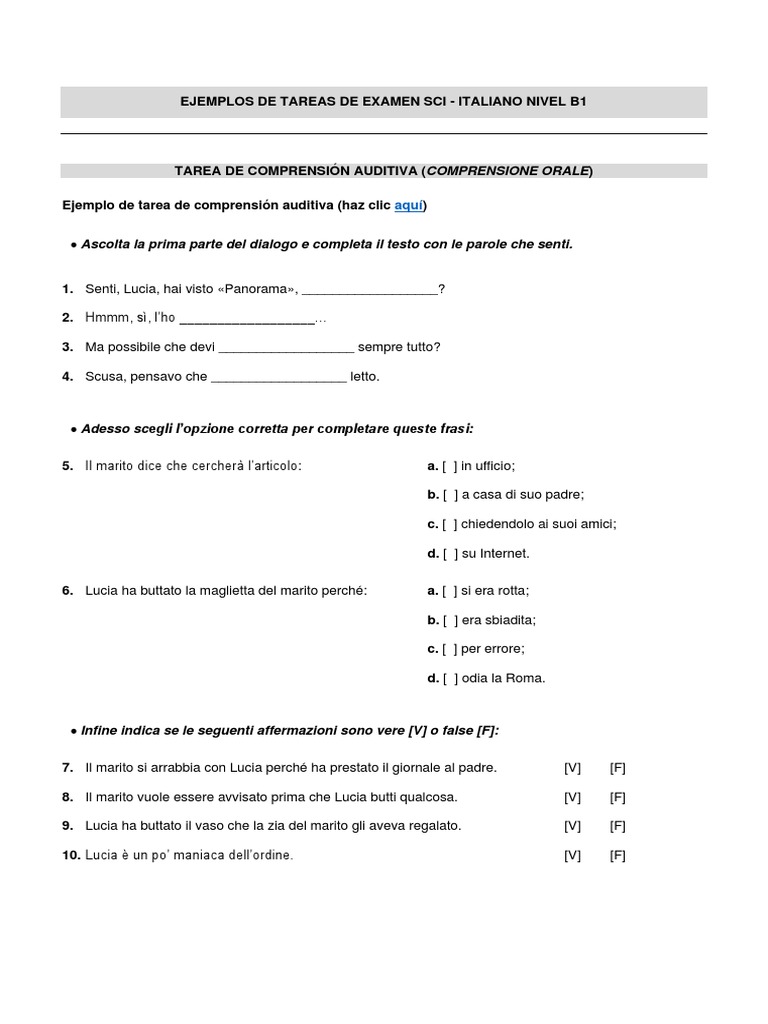 Erasmus Modelo Tareas Examen Italiano b1 | PDF