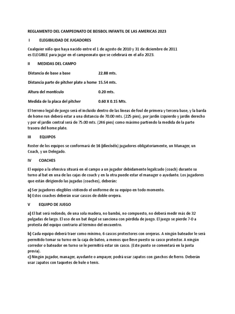 Reglamento Béisbol Infantil 2023 | PDF | Lanzador | Reglas y ...