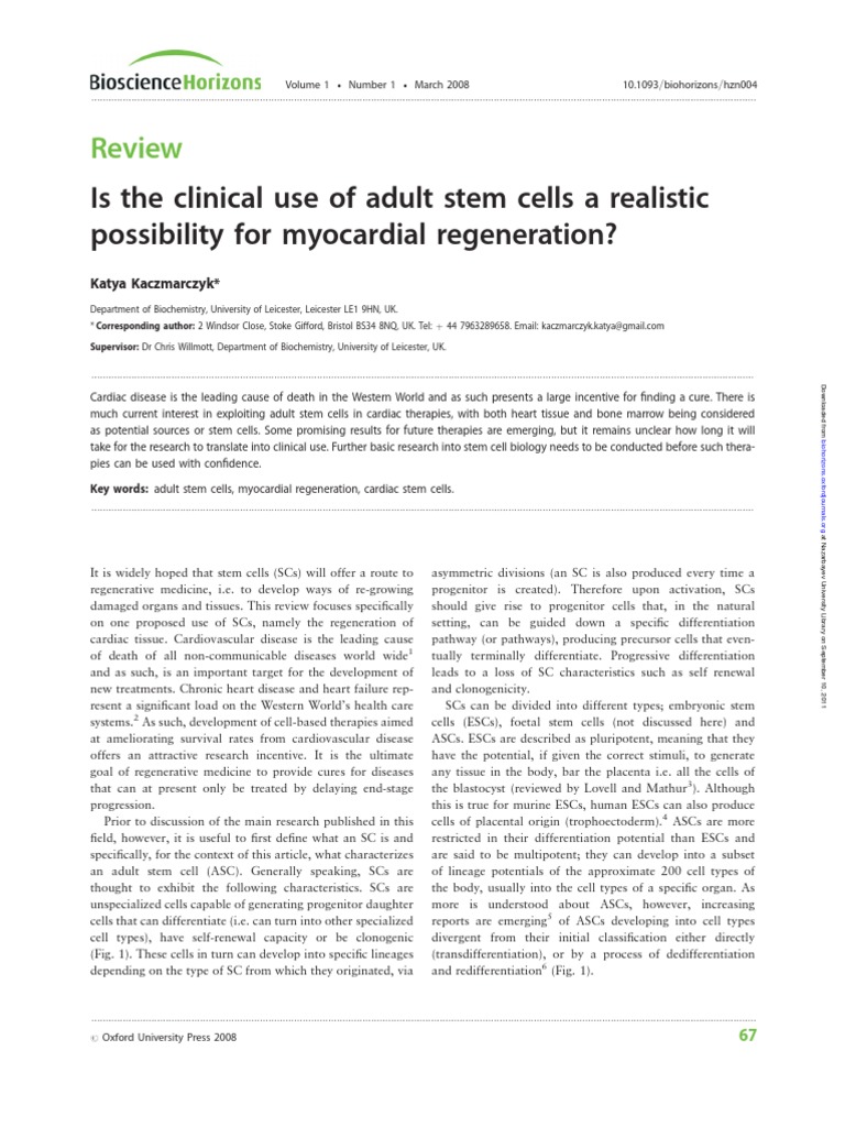 Adult Stem Cells for Myocardial Regeneration | PDF | Cardiac Muscle ...