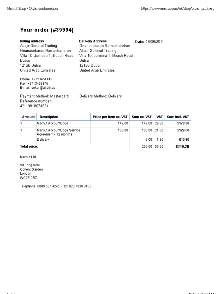 Order Confirmation for Mamut Software | PDF