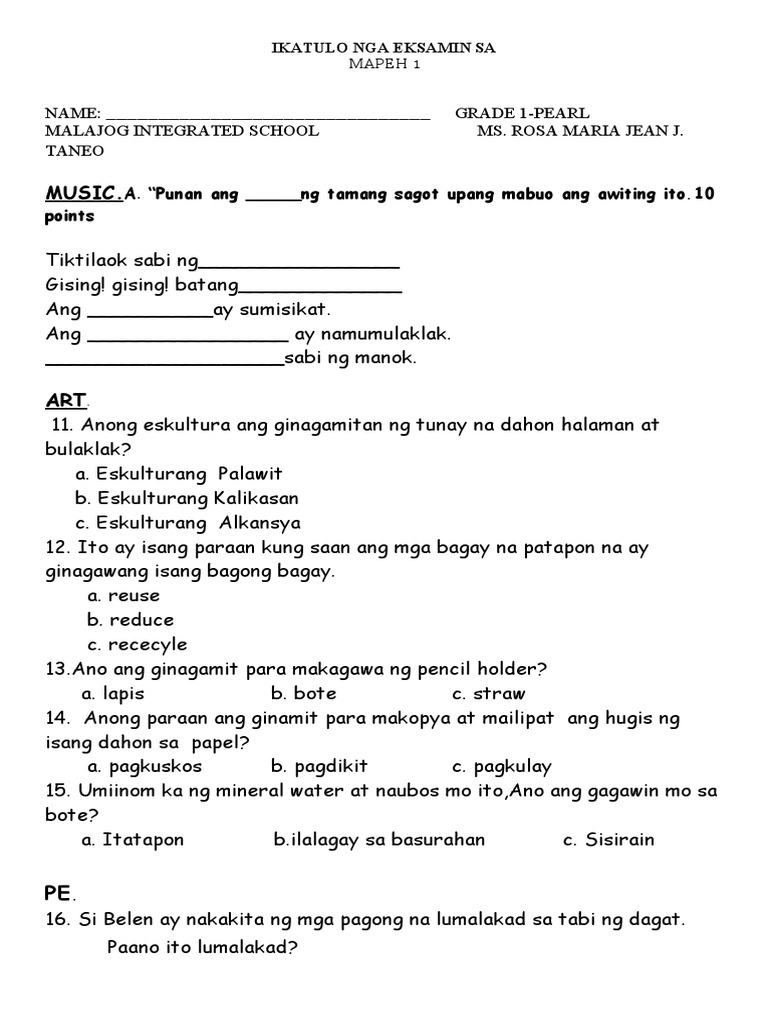 Third Periodical Test In Mapeh 1 Pdf
